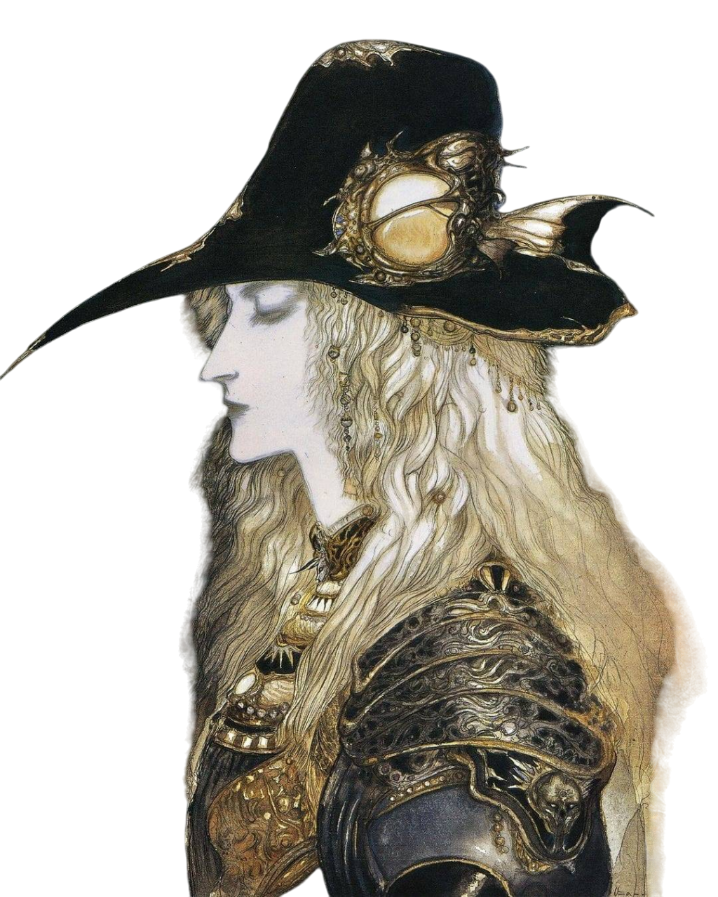 Side profile of D. He wears ornate armor and a large-brimmed hat over long light-colored hair.